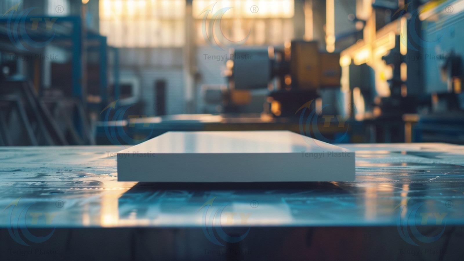 White POM sheet on workbench with CNC machines in background